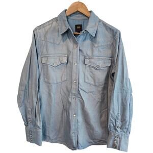 Lee Denim Blouse Womens Med Western Rodeo Pearl Snap Boho Shimmer Glam Festival